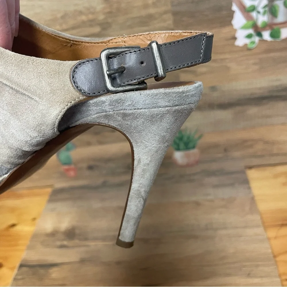 J. crew women’s suede leather peep toe heels stiletto beige neutral size 6.5 4”